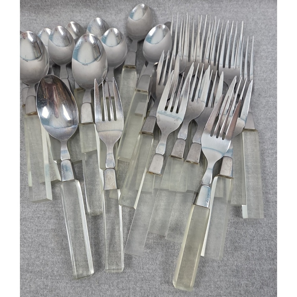 Lifetime Cutlery Clear Lucite Acrylic Handles Flatware Set 26 Pieces MCM 1970s